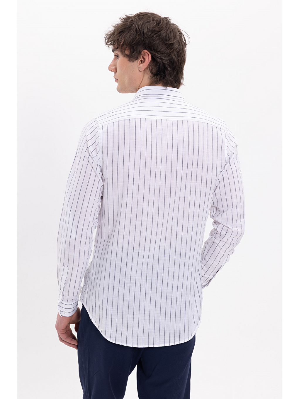 Lacivert Erkek Slim Fit Dar Kesim Uzun Kollu %100 Pamuk Keten Doku Çizgili Gömlek-5