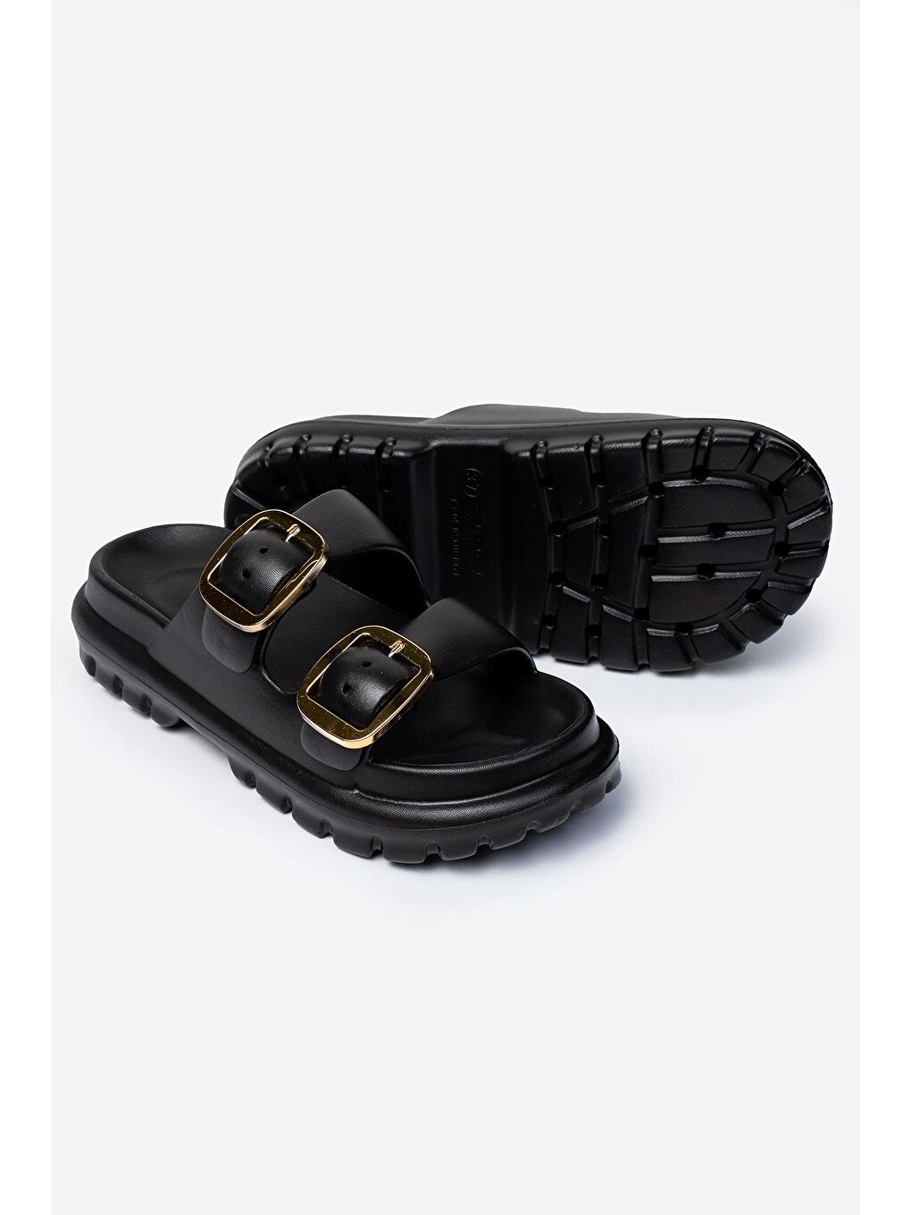 Siyah Çift Tokalı Kadın Eva Kalın Taban Terlik-4