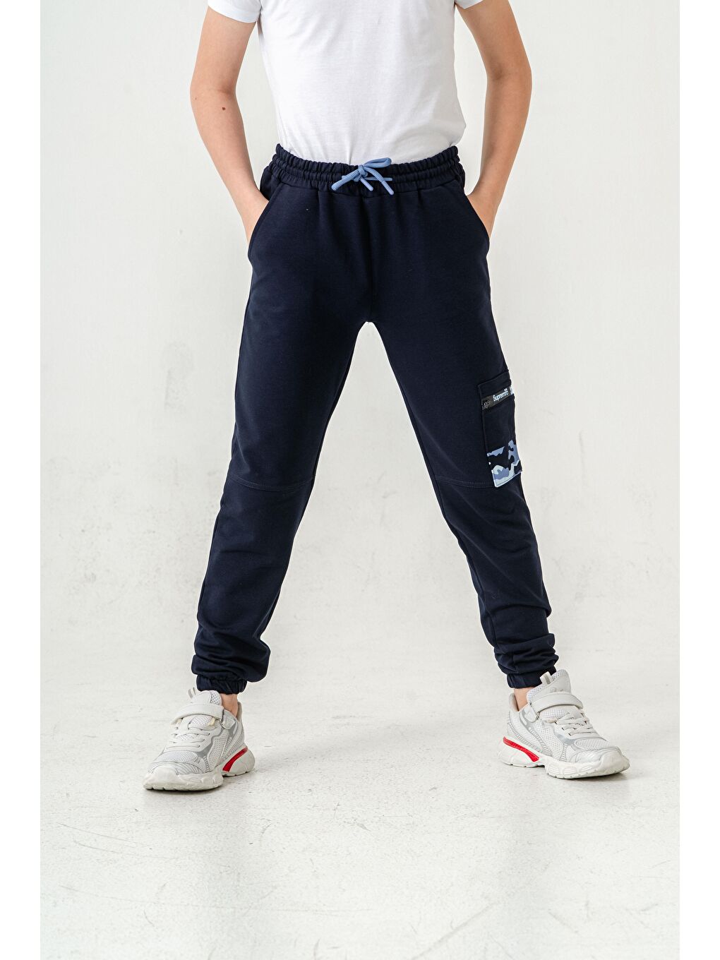 Lacivert Kargo Cepli Cep Kamuflaj Baskılı Fermuarlı Erkek Çocuk Eşofman Altı-1