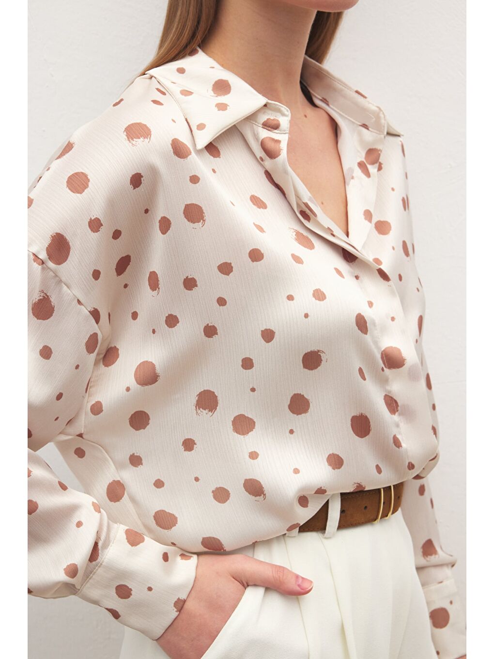 Puantiyeli Gömlek - Bej-6