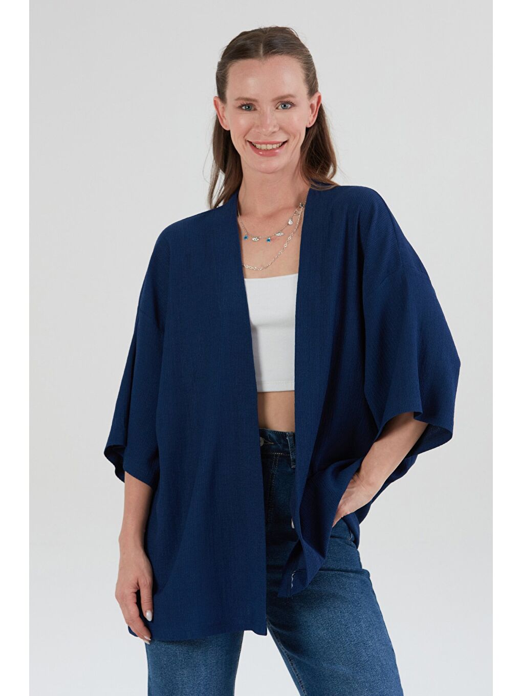 Lacivert Basic Bürümcük Kumaş Şal Yaka Kimono