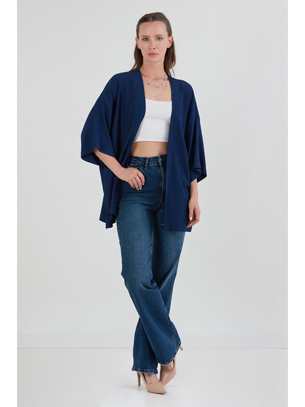 Lacivert Basic Bürümcük Kumaş Şal Yaka Kimono-1