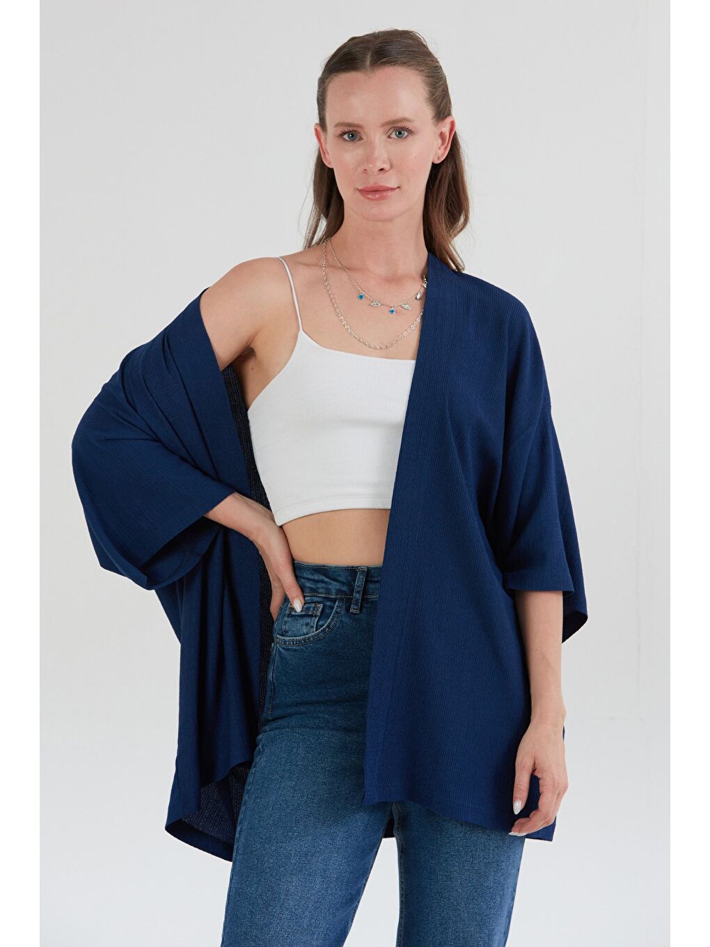 Lacivert Basic Bürümcük Kumaş Şal Yaka Kimono-2