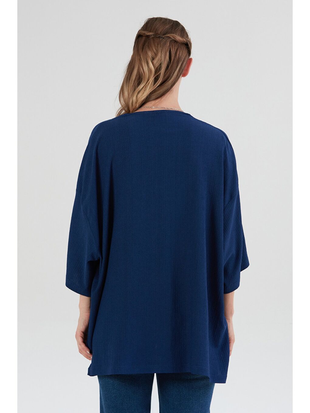 Lacivert Basic Bürümcük Kumaş Şal Yaka Kimono-3