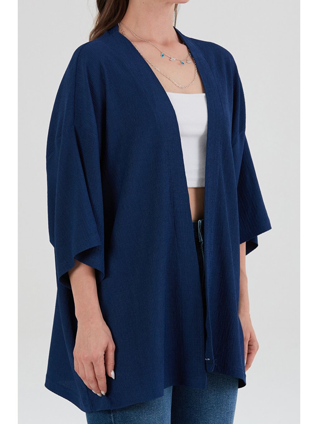 Lacivert Basic Bürümcük Kumaş Şal Yaka Kimono-4