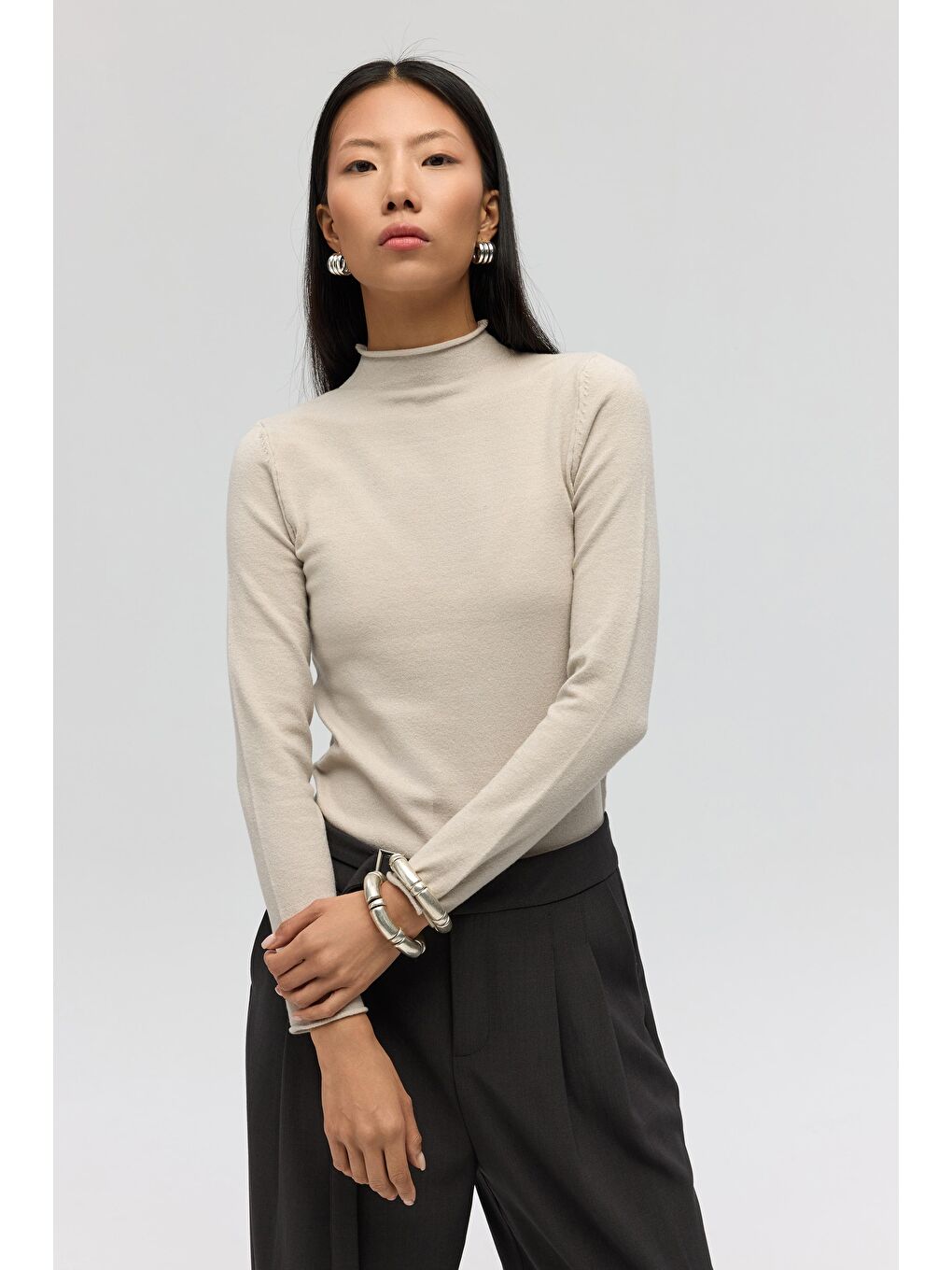 Bej Serina Balıkçı Yaka Taş İnce Triko-2