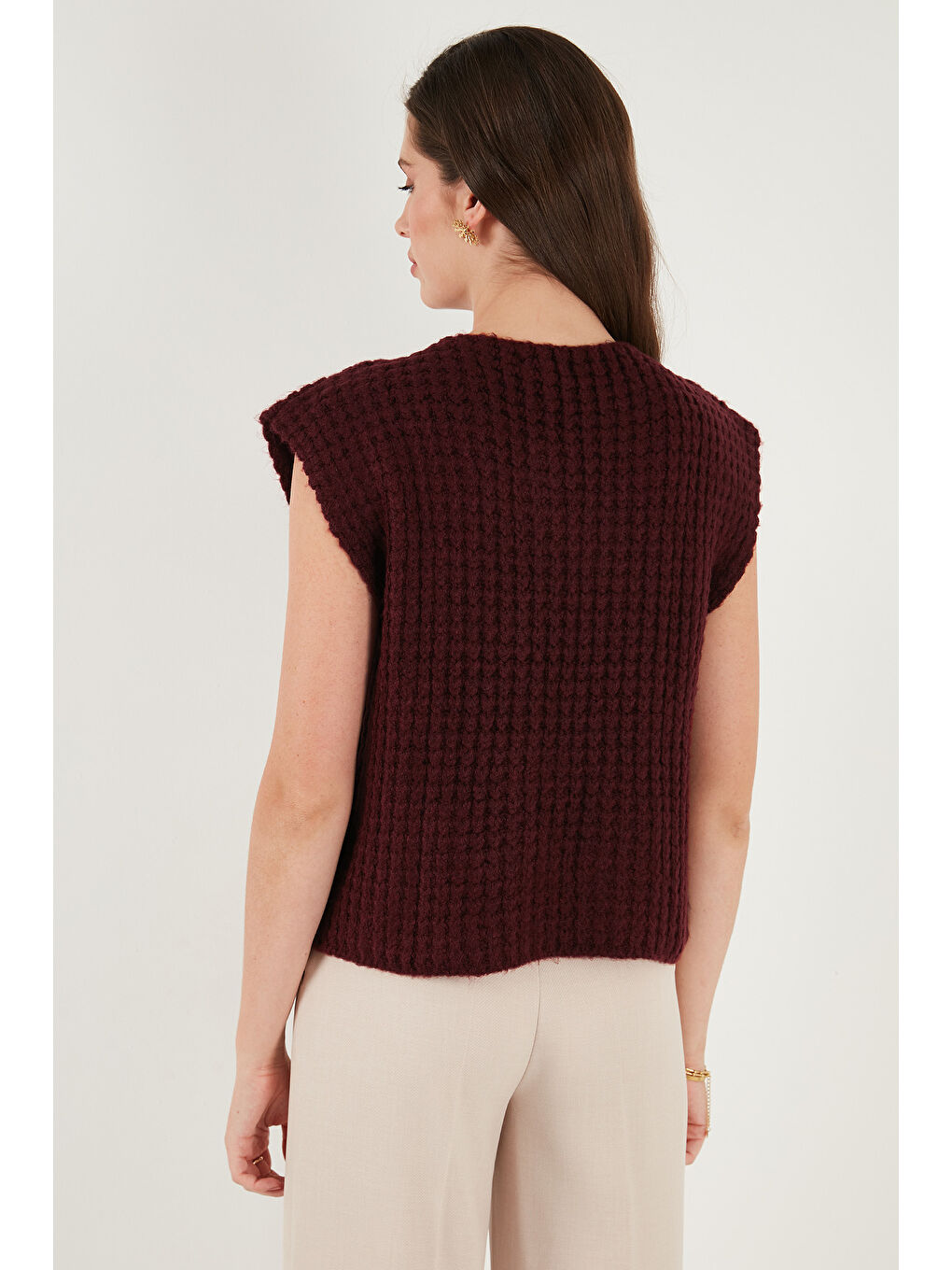 Bordo Premium Oversize Fit Bisiklet Yaka Düğmeli Örgü Yelek 680YL1416-6