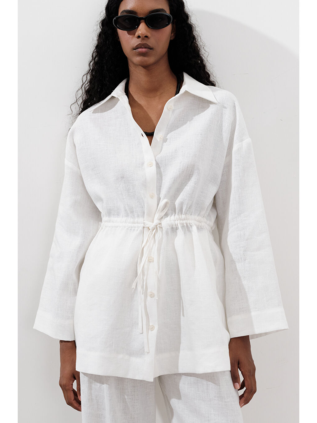 Keten Beli Bağlamalı Tunik Ekru-3