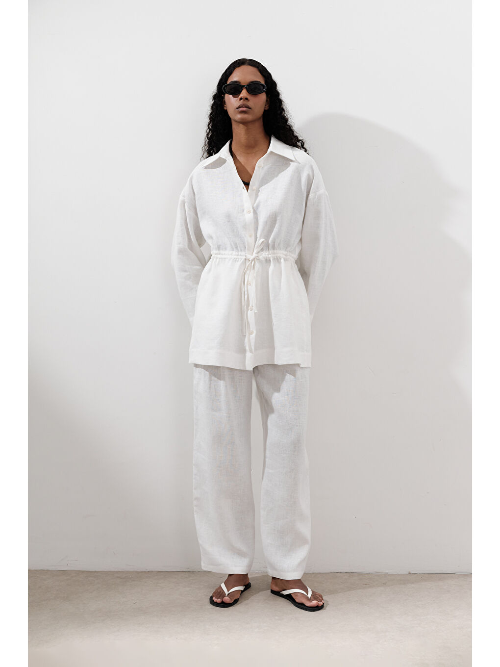 Keten Beli Bağlamalı Tunik Ekru-4