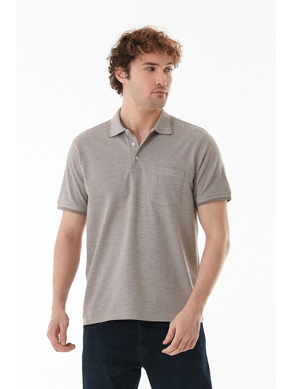 Bej Cepli Düğmeli Polo Yaka Tişört-1