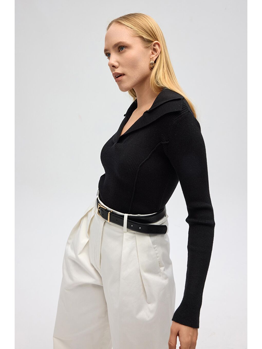 İnari Polo Yaka Siyah Triko Kazak-6