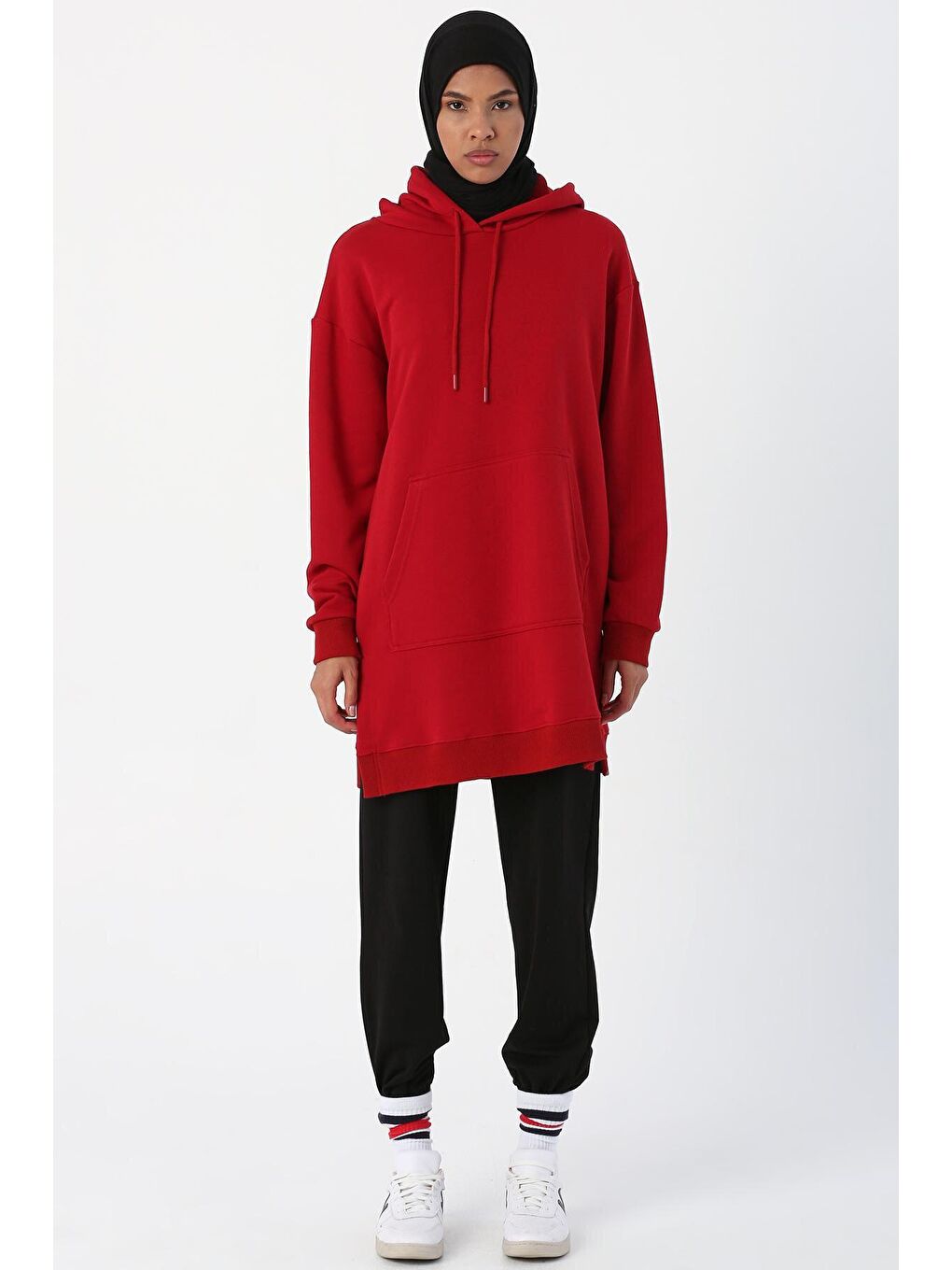 Kırmızı Oversize Kapüşonlu Yanları Yırtmaçlı Sweat Tunik-1