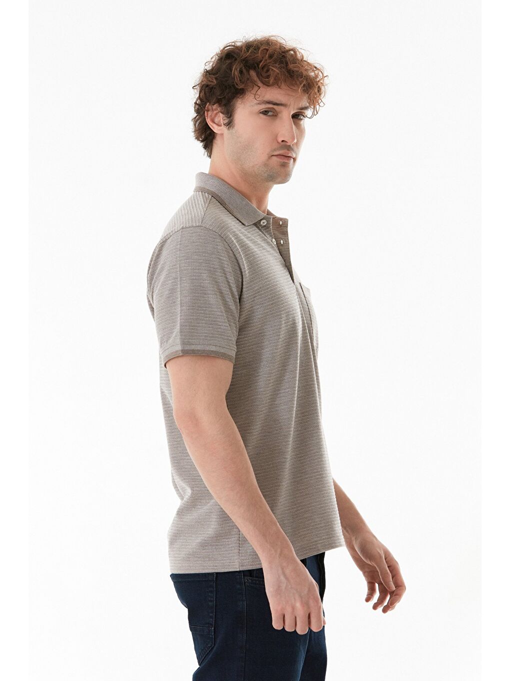 Bej Cepli Düğmeli Polo Yaka Tişört-3