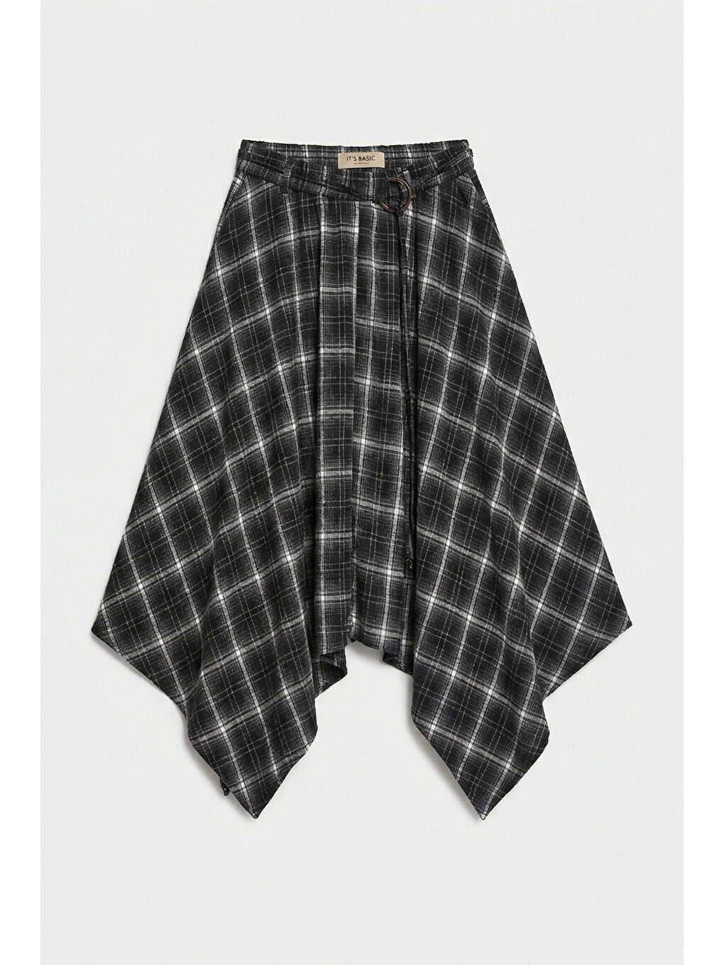 Kadın Siyah Ekose w5 Asimetrik Kesim Kemerli Özel Tasarım %100 Pamuk Etek-3