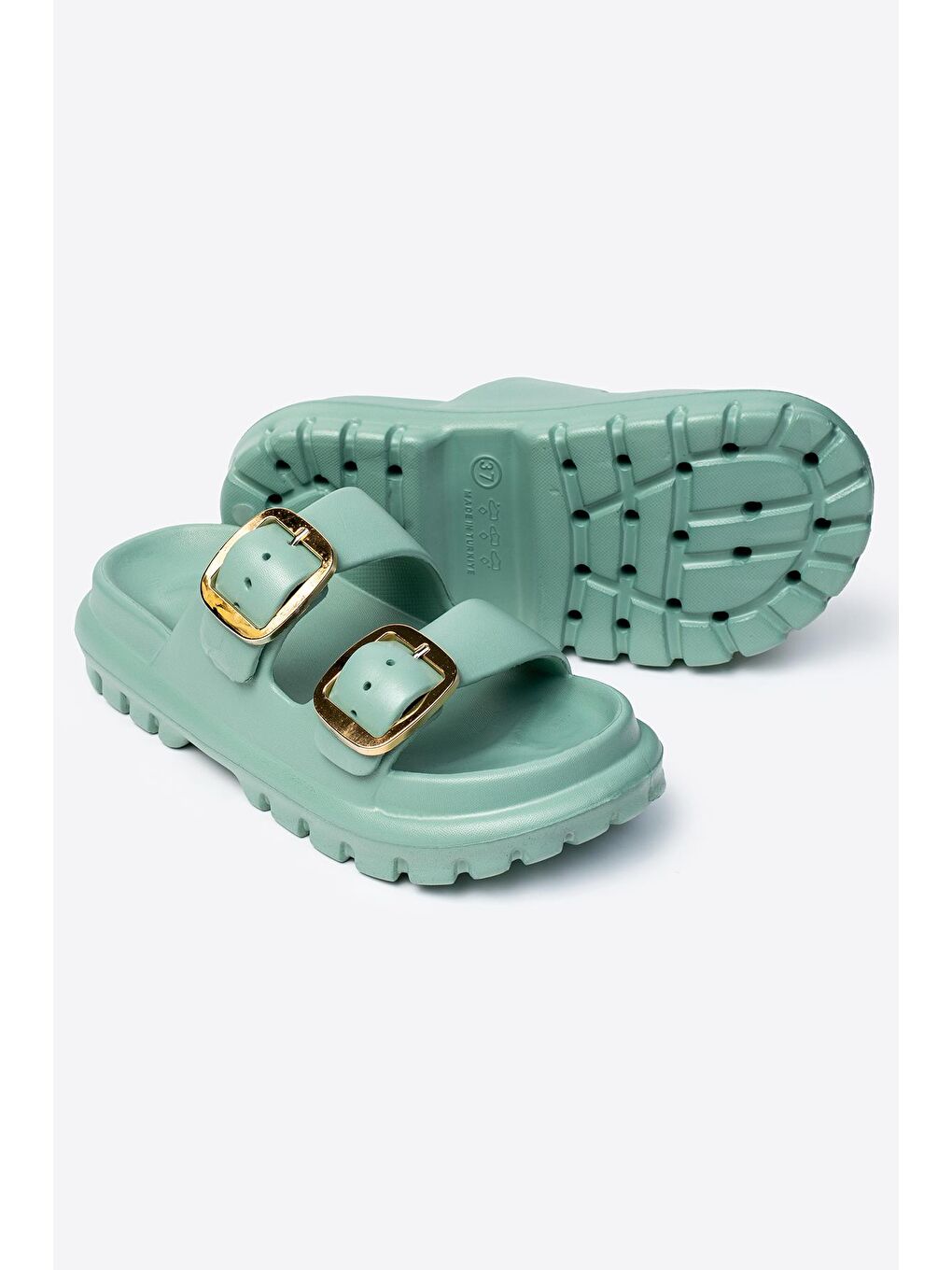 Yeşil Çift Tokalı Kadın Eva Kalın Taban Terlik-4