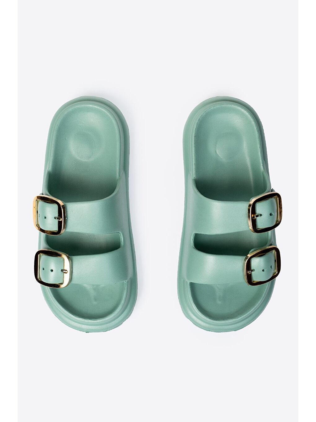 Yeşil Çift Tokalı Kadın Eva Kalın Taban Terlik-5