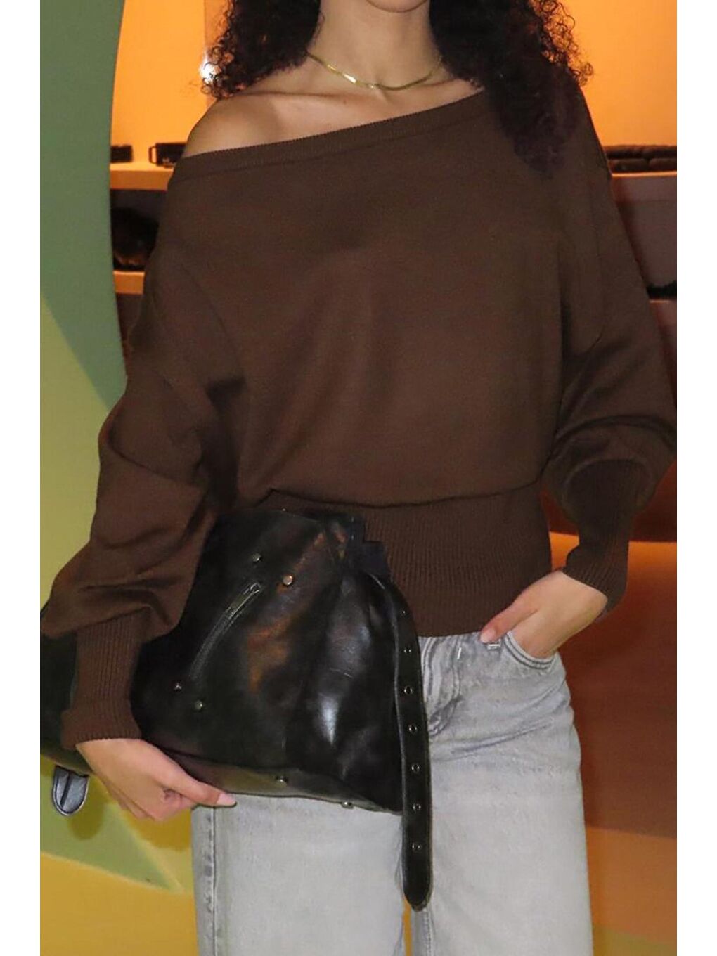 Kahverengi Ribbed Asimetrik Kesimli Kadın Kazak Mg2744-6