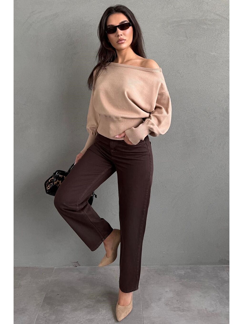 Bej Vizon Ribbed Asimetrik Kesimli Kadın Kazak Mg2744-4