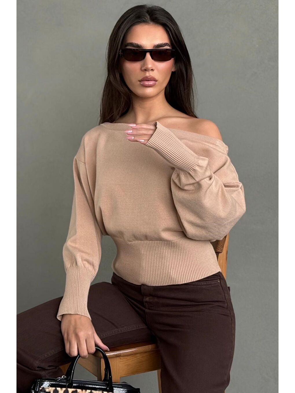 Bej Vizon Ribbed Asimetrik Kesimli Kadın Kazak Mg2744-5