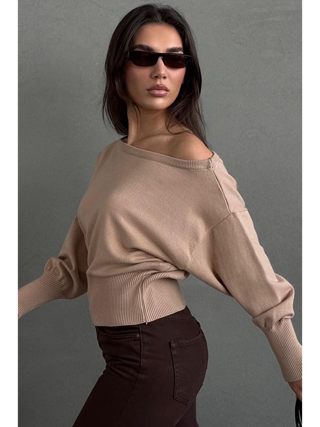 Bej Vizon Ribbed Asimetrik Kesimli Kadın Kazak Mg2744-6