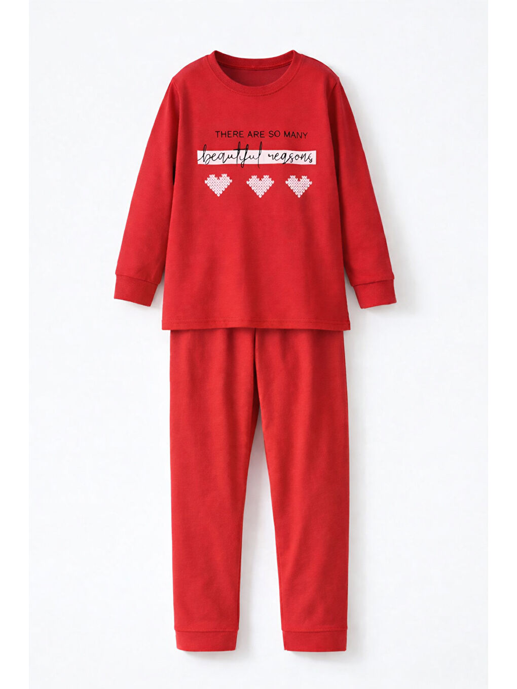 Genç Kız Çocuk Pamuklu Desenli Pijama Takımı 8412 Kırmızı01