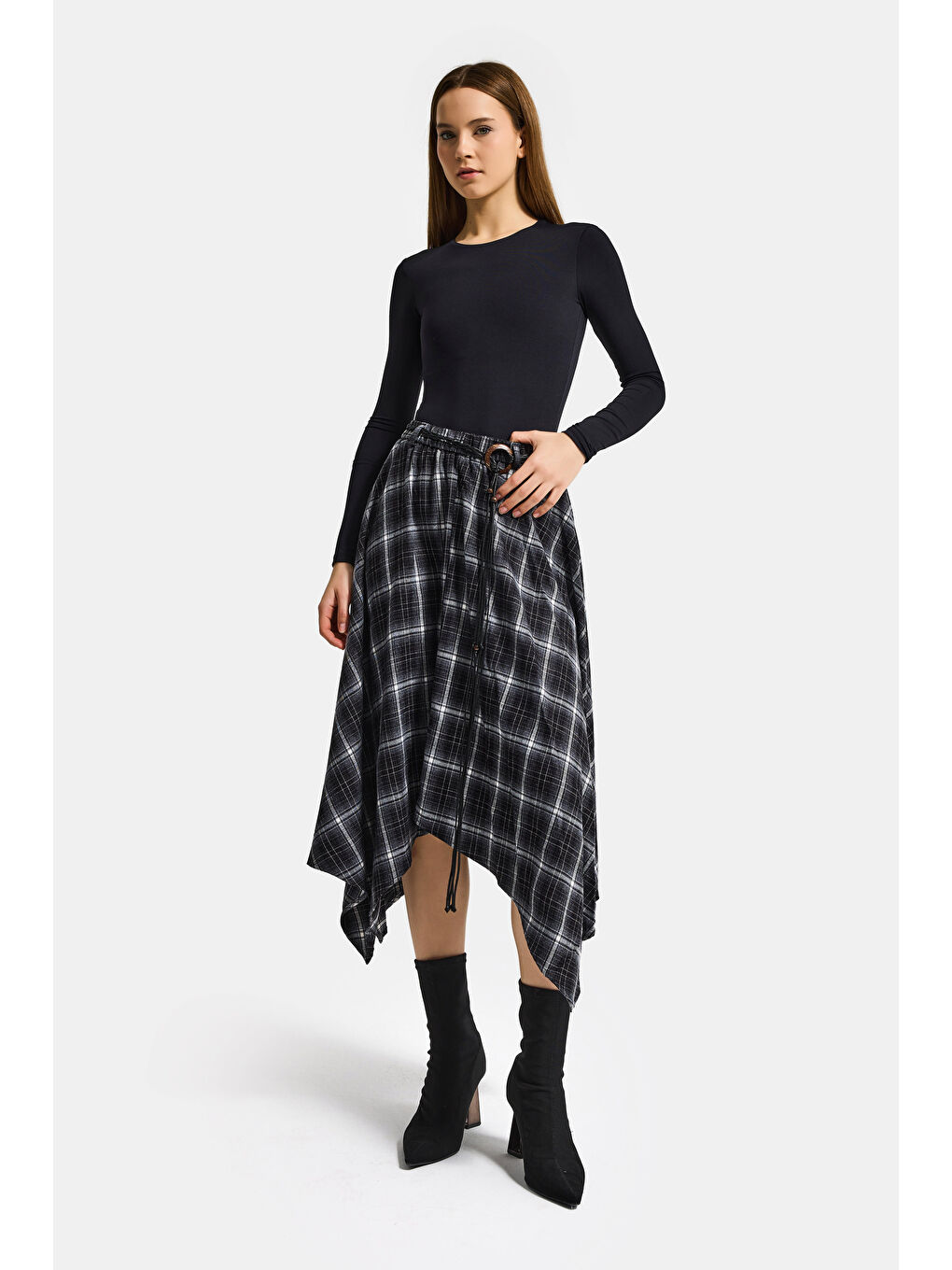 Kadın Siyah Ekose w5 Asimetrik Kesim Kemerli Özel Tasarım %100 Pamuk Etek-5