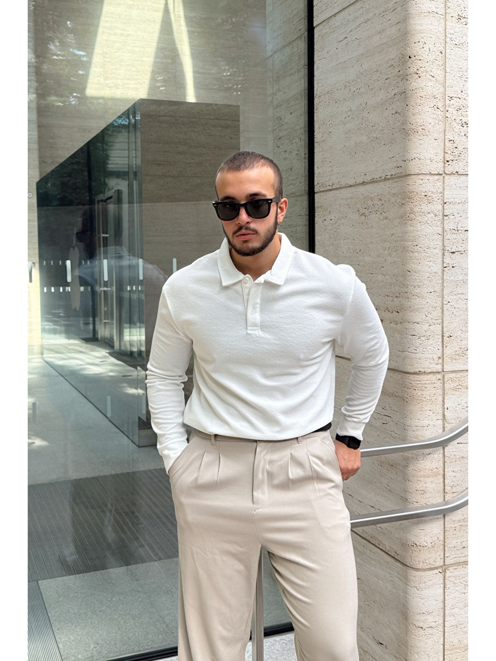 Beyaz Cali Erkek Regular Fit Polo Yaka Uzun Kollu Sweatshirt Tişört-1