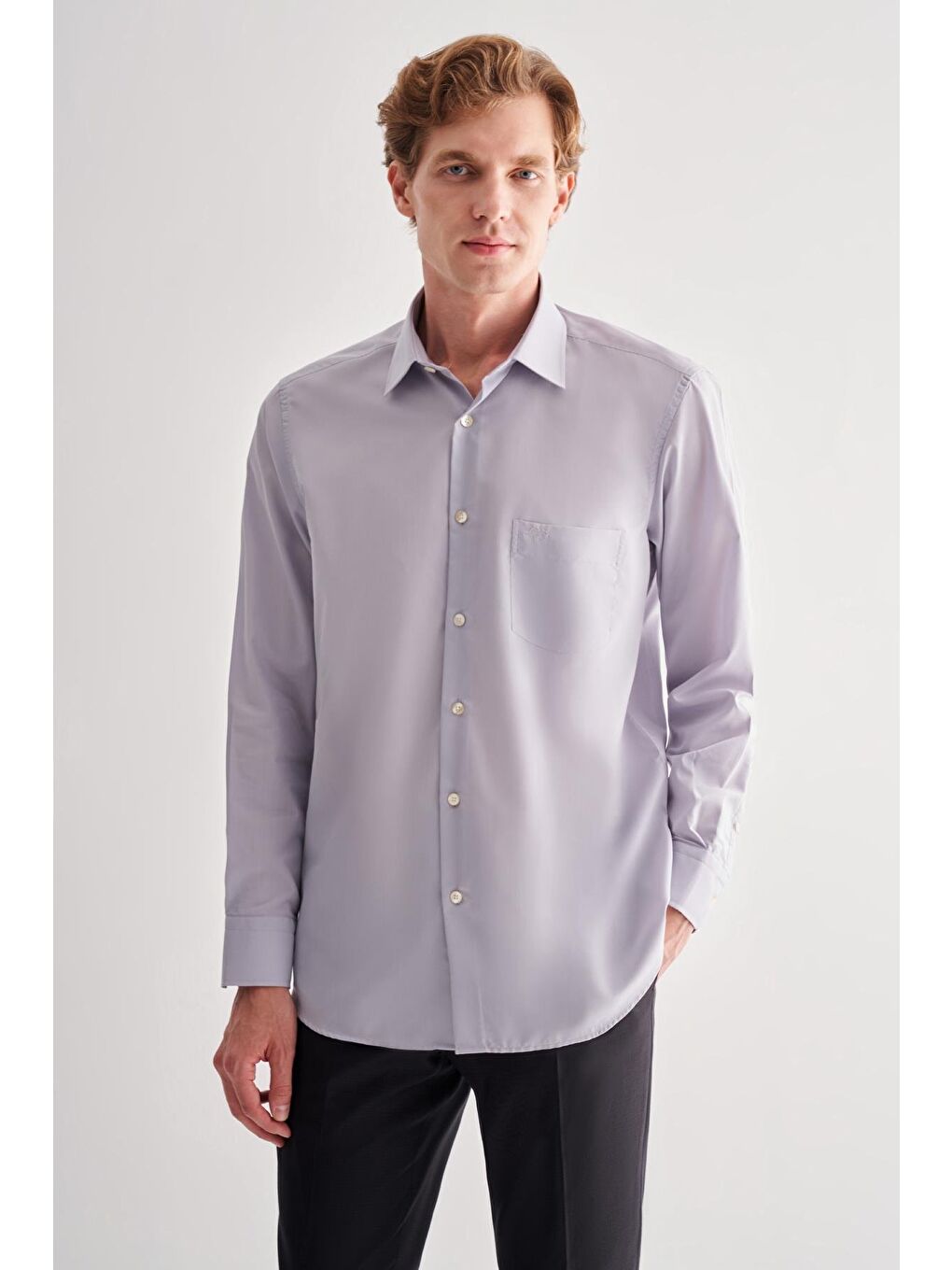 Gri Sert Yaka Uzun Kol Easy To Iron Comfort Fit Pamuklu Büyük Beden Gömlek 1004255182-4