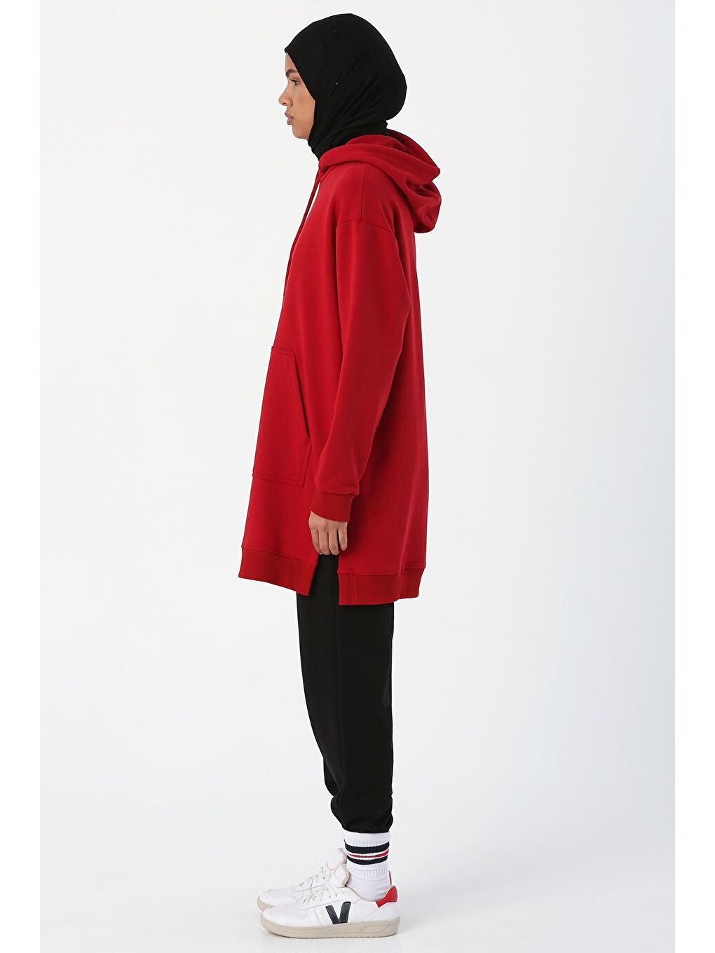 Kırmızı Oversize Kapüşonlu Yanları Yırtmaçlı Sweat Tunik-2