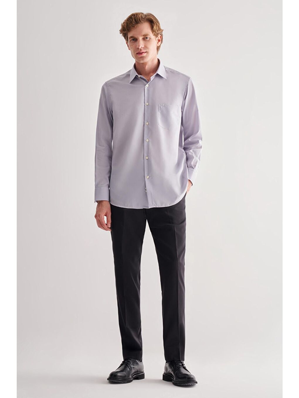 Gri Sert Yaka Uzun Kol Easy To Iron Comfort Fit Pamuklu Büyük Beden Gömlek 1004255182-3