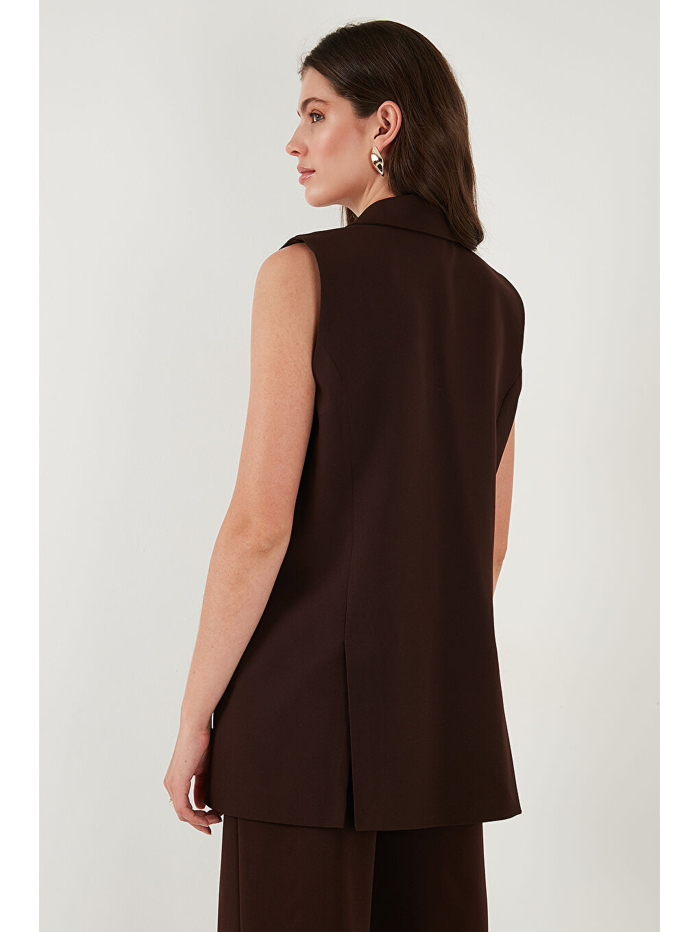 Kahverengi Oversize Fit Mono Yaka Kolsuz Düğmeli Kadın Ceket Yelek 6521177-6