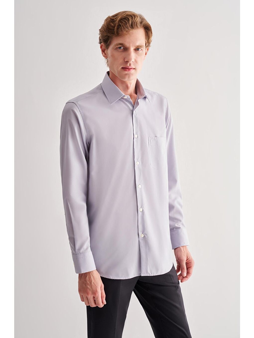 Gri Sert Yaka Uzun Kol Easy To Iron Comfort Fit Pamuklu Büyük Beden Gömlek 1004255182-2