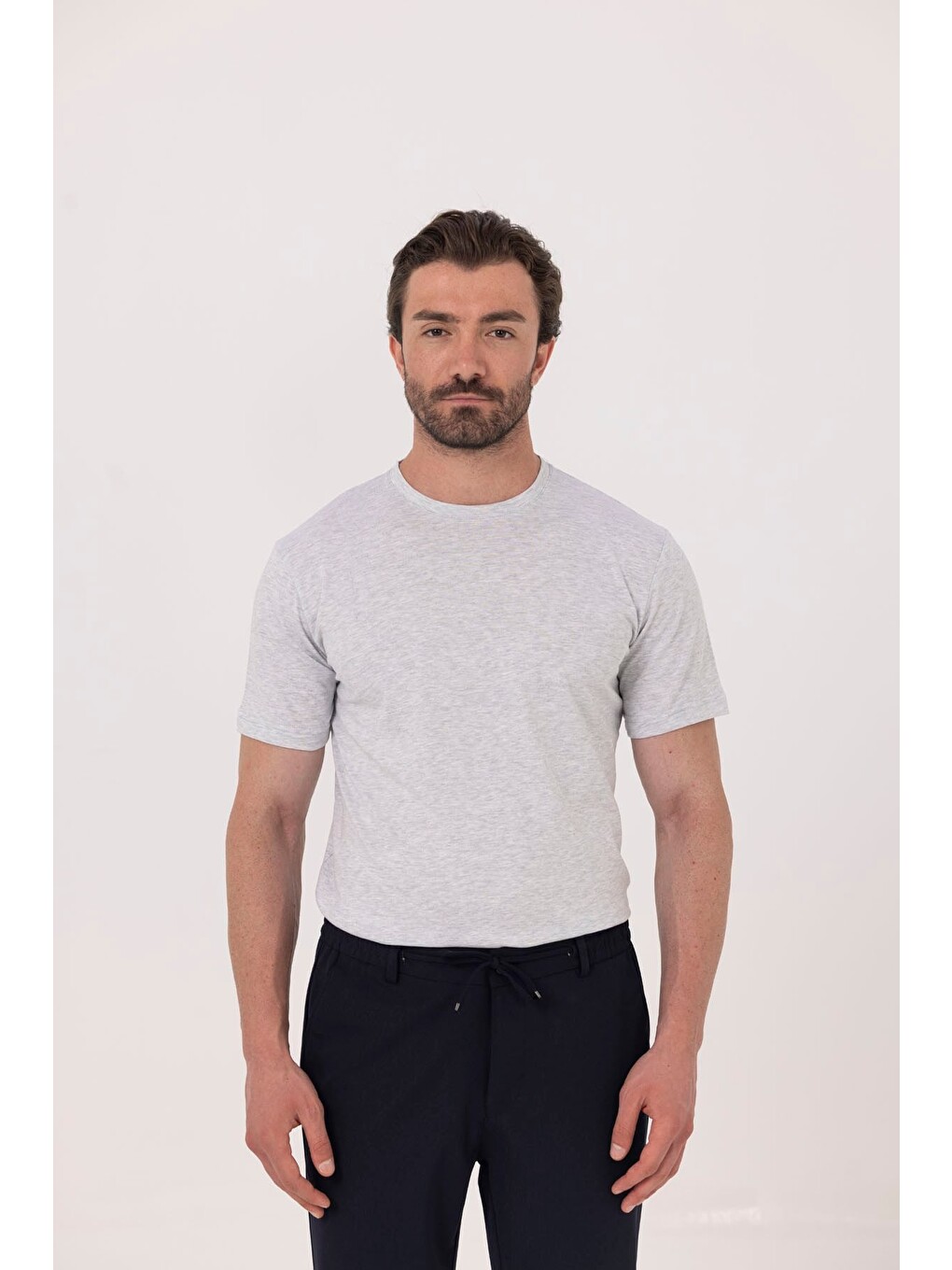 Açık Gri %100 Pamuk Bisiklet Yaka Düz Renk Basic T-shirt