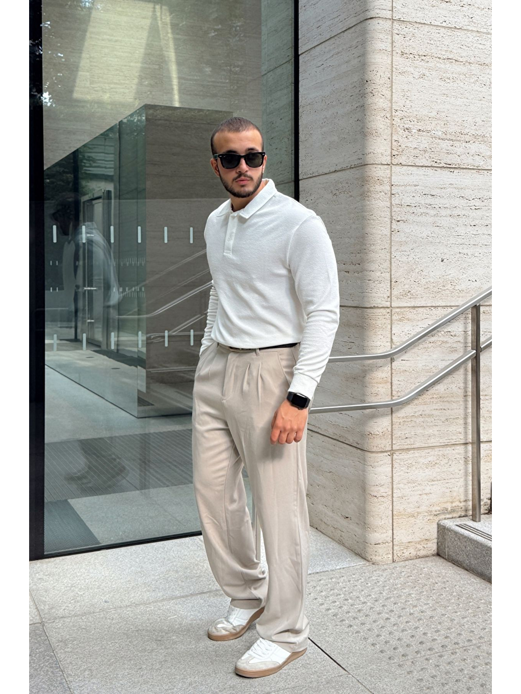 Beyaz Cali Erkek Regular Fit Polo Yaka Uzun Kollu Sweatshirt Tişört-2