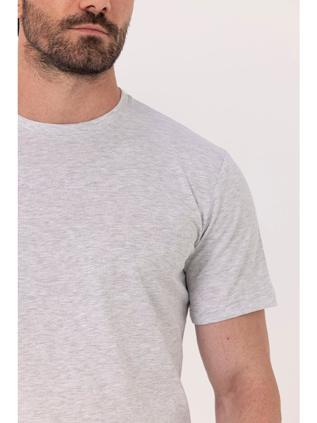 Açık Gri %100 Pamuk Bisiklet Yaka Düz Renk Basic T-shirt-3
