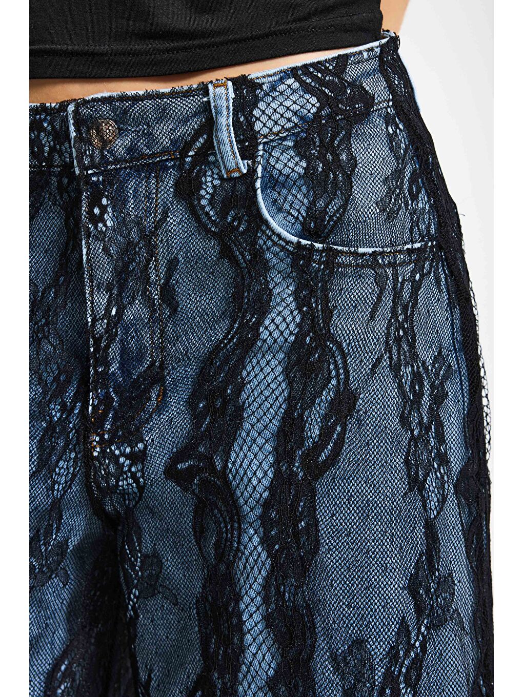 Mavi Kadın Dantel Jean Rengi Palazzo Fit Dantel Detaylı Özel Tasarım Denim Jean-4