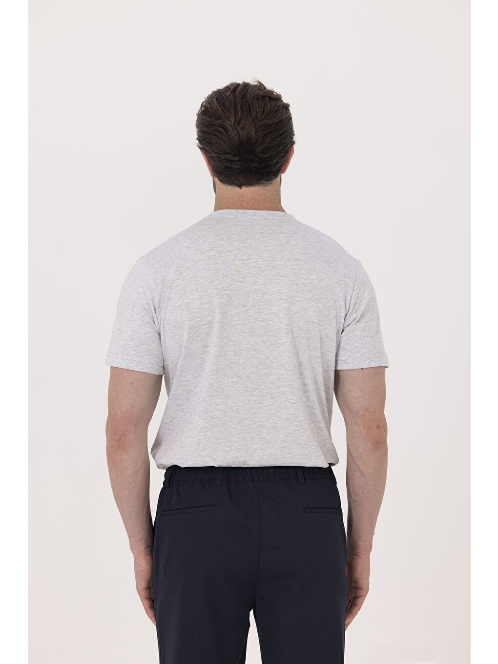 Açık Gri %100 Pamuk Bisiklet Yaka Düz Renk Basic T-shirt-4