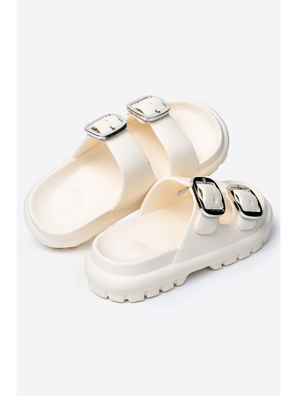 Ekru Çift Tokalı Kadın Eva Kalın Taban Terlik-2