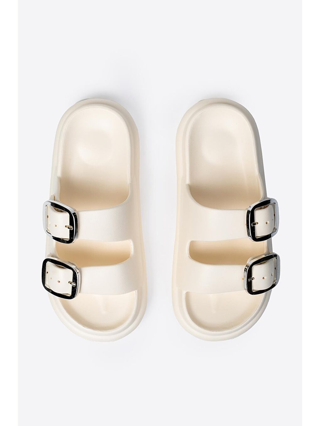 Ekru Çift Tokalı Kadın Eva Kalın Taban Terlik-5