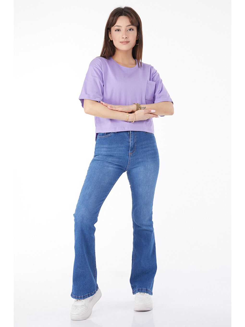 Bisiklet Yaka Kadın Lila Cepli Yırtmaçlı Tişört - 24790-1