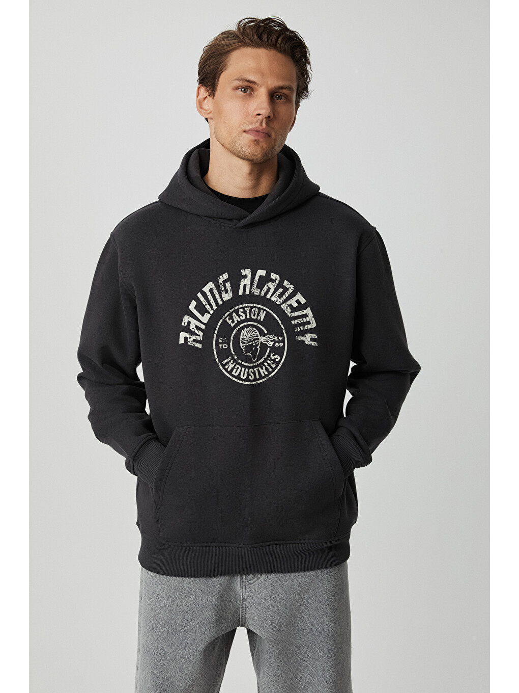 Edgar Erkek %75 Pamuk %25 Polyester Yumuşacık Kapüşonlu Oversize Antrasit Sweatshirt
