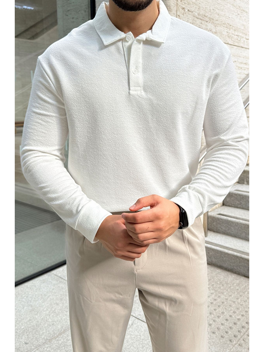 Beyaz Cali Erkek Regular Fit Polo Yaka Uzun Kollu Sweatshirt Tişört-3