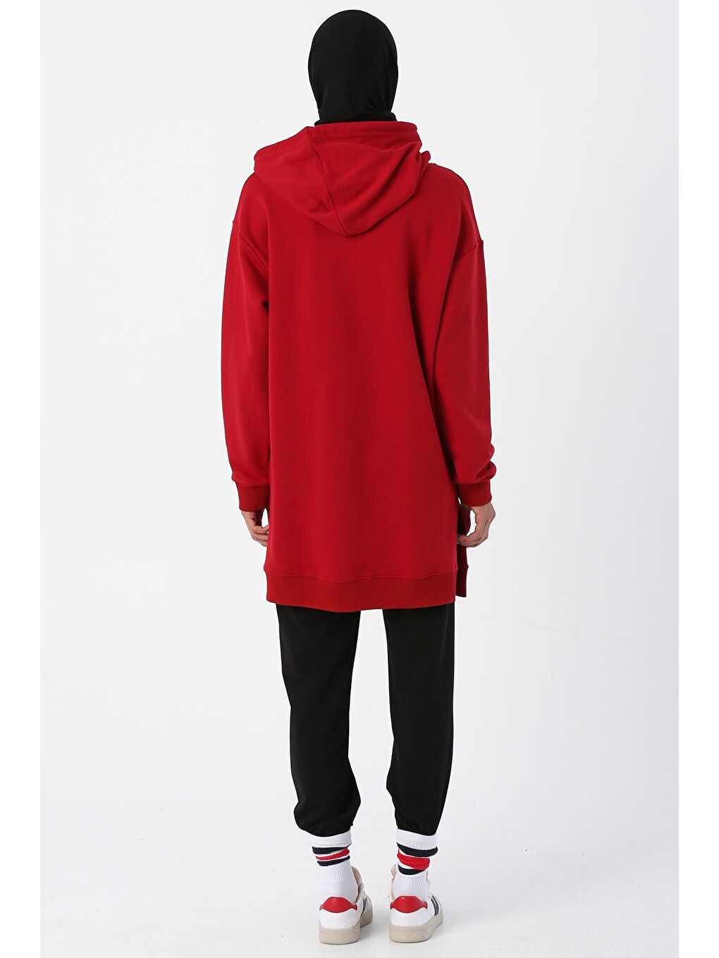Kırmızı Oversize Kapüşonlu Yanları Yırtmaçlı Sweat Tunik-3