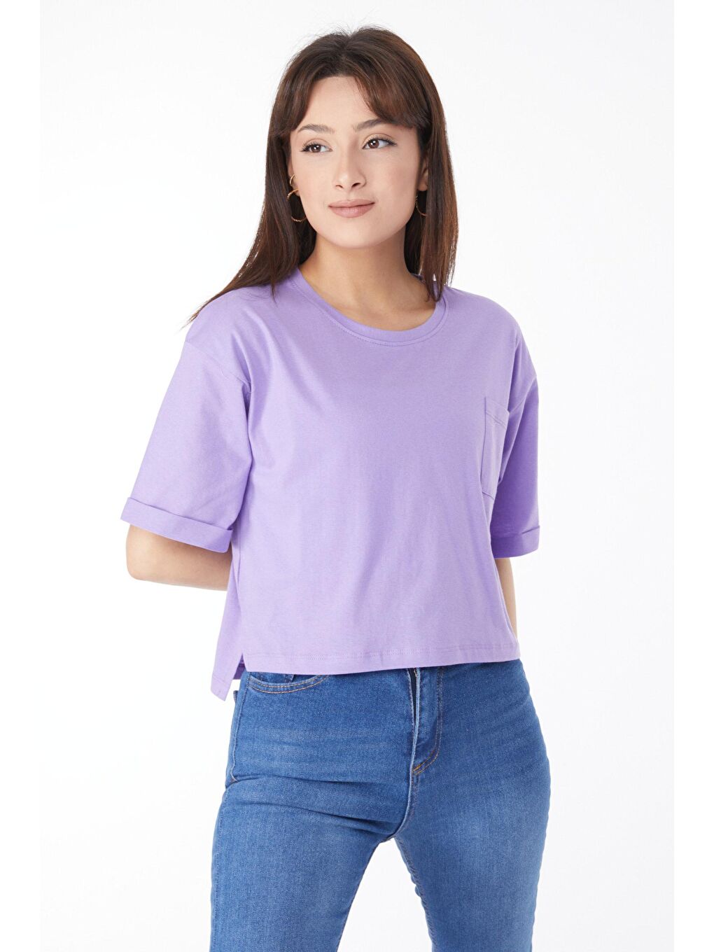 Bisiklet Yaka Kadın Lila Cepli Yırtmaçlı Tişört - 24790-2