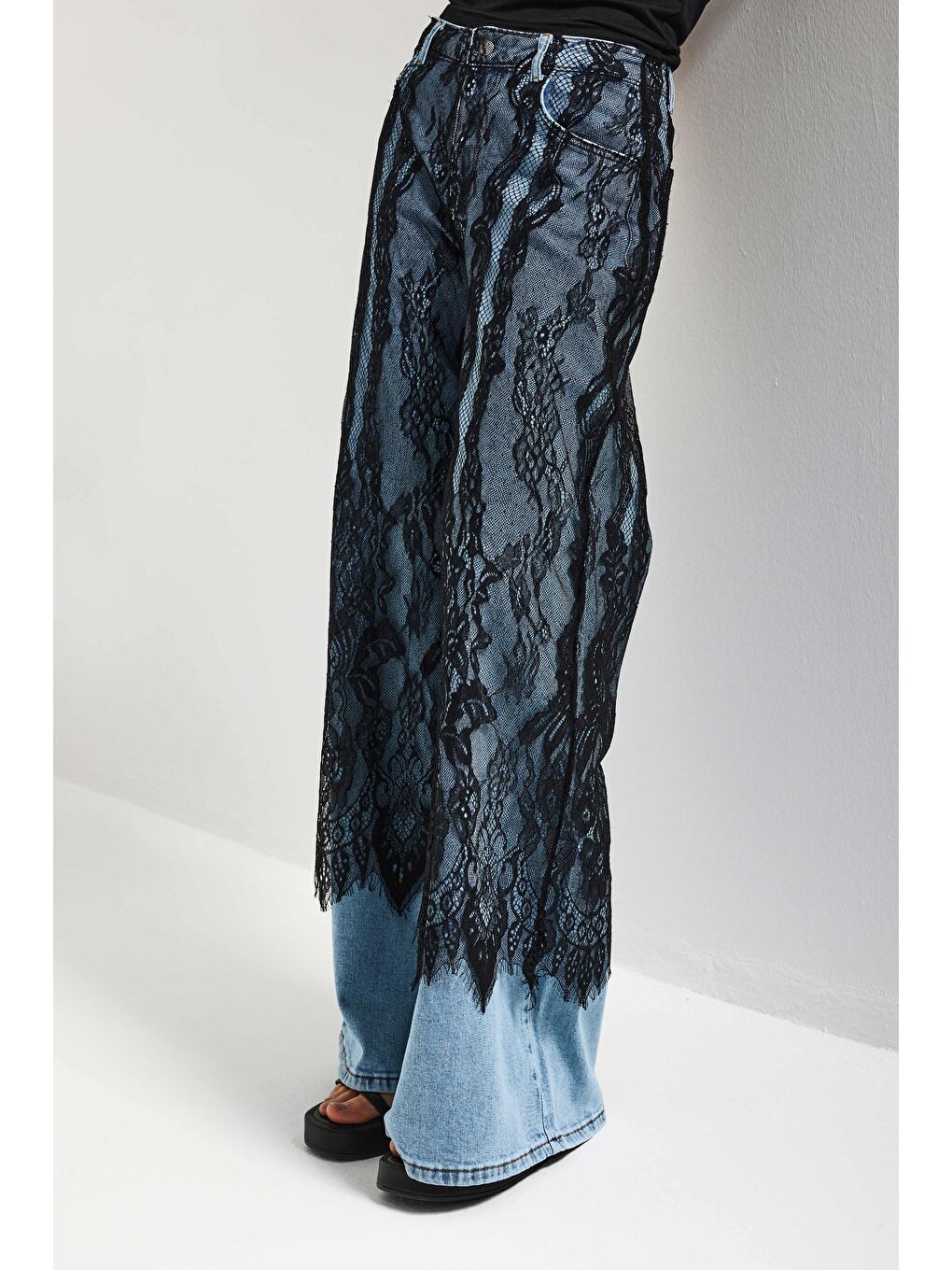 Mavi Kadın Dantel Jean Rengi Palazzo Fit Dantel Detaylı Özel Tasarım Denim Jean-6