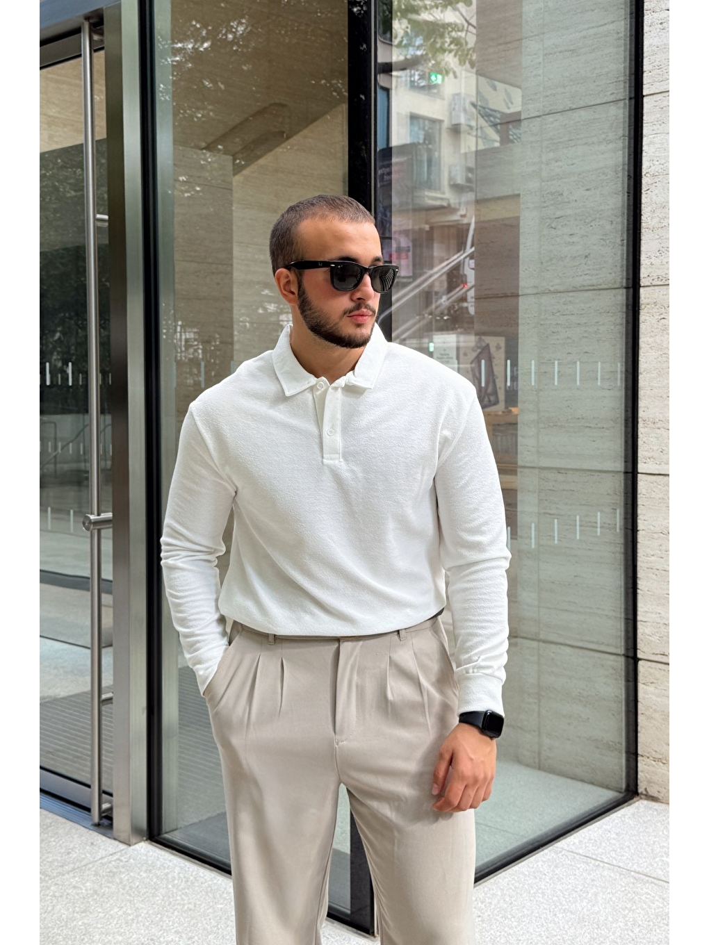 Beyaz Cali Erkek Regular Fit Polo Yaka Uzun Kollu Sweatshirt Tişört-4