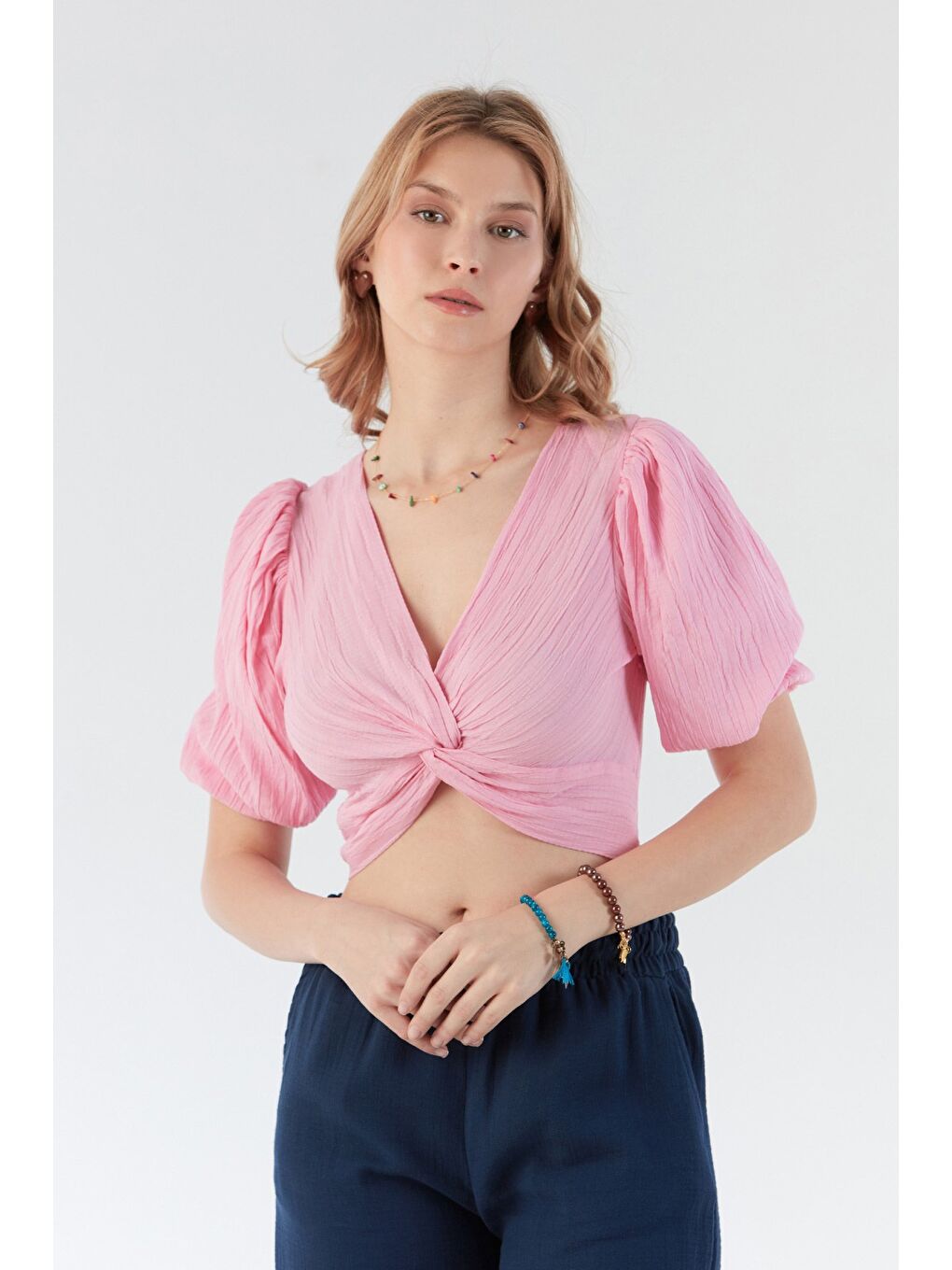 Pembe Önü Düğümlü Balon Kol Bluz