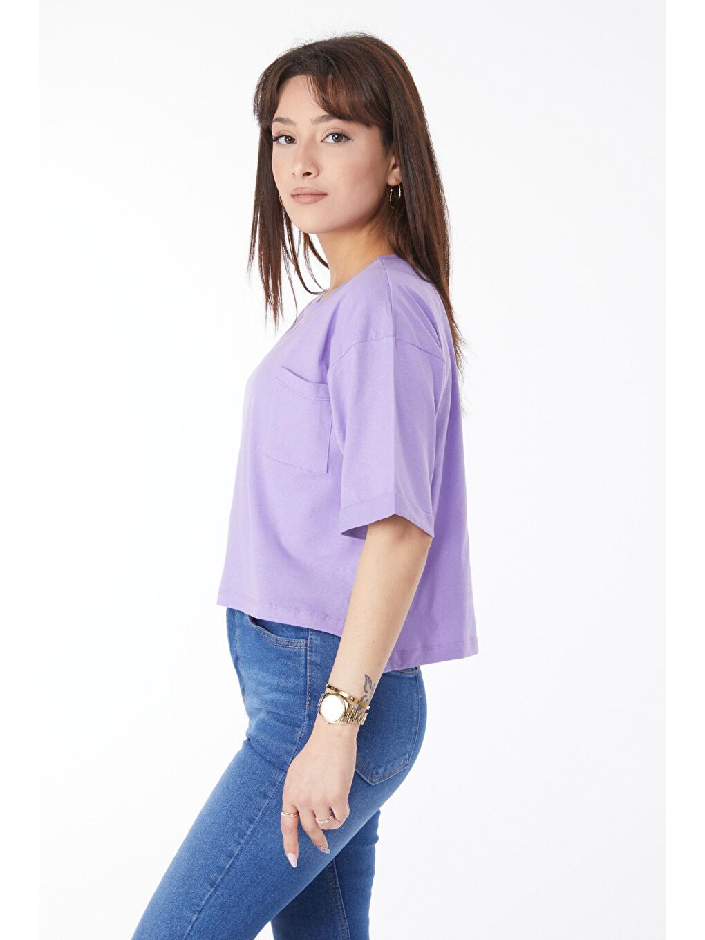 Bisiklet Yaka Kadın Lila Cepli Yırtmaçlı Tişört - 24790-3