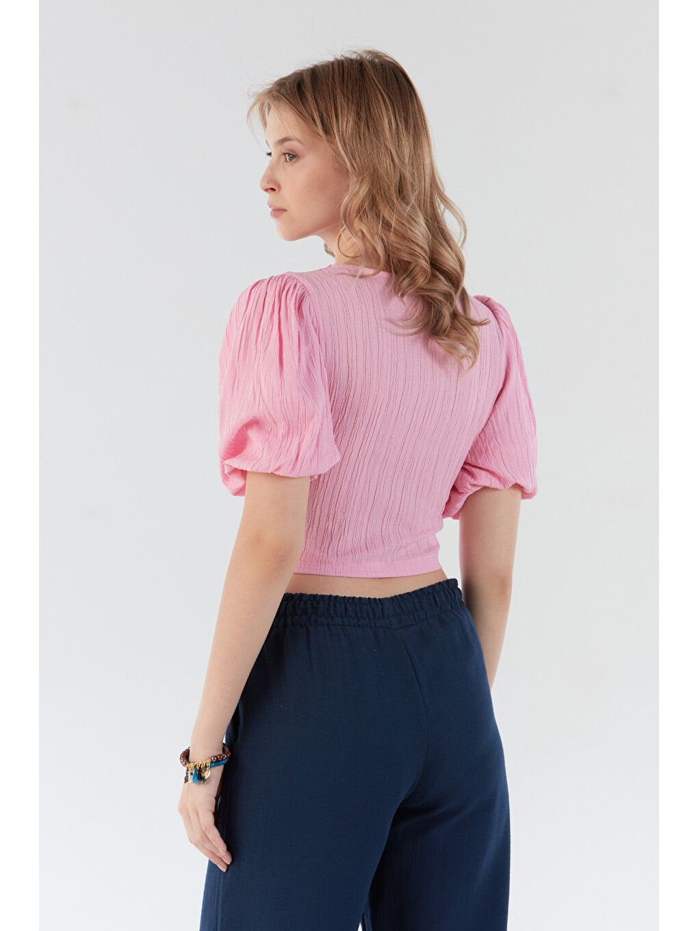 Pembe Önü Düğümlü Balon Kol Bluz-3