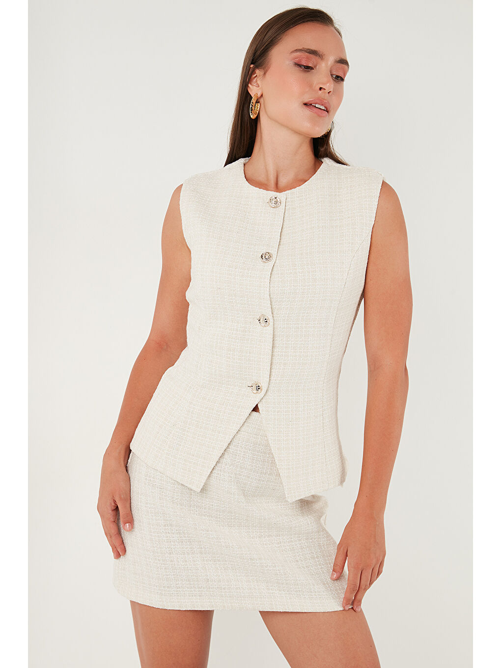 Ekru Pamuk ve Yün Karışımlı Slim Fit Bisiklet Yaka Kadın Tüvit Yelek 611YE00059